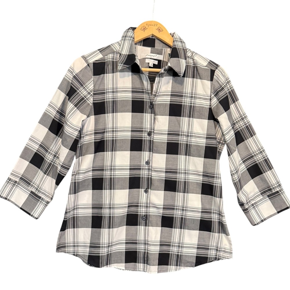 Foxcroft Womens 8 Shaped Wrinkle Free Plaid Button Down 3/4 Sleeve Shirt Black